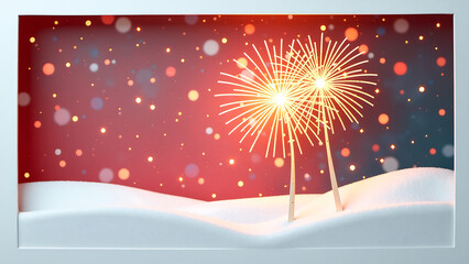 delicate rendition winter fireworks erupts snowy background set warm golden light bold red accents