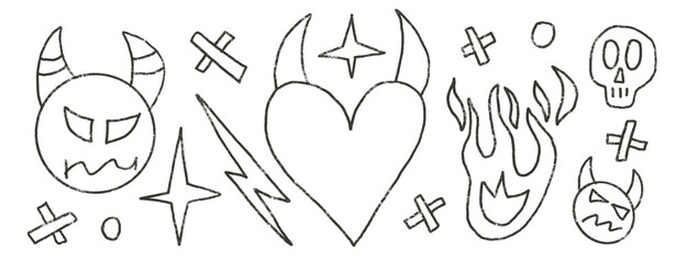 Bad feeling hand drawn set. Punk charcoal breaking heart doodle background. Scribble grunge shapes. Devil, fire and line sketch graffiti art. Vector sketchy illustration by pencil isolated on white bg
