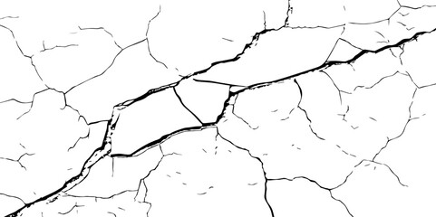 The cracks texture and grunge background of The ground cracks on white  background,  fissure. Dirty monochrome pattern vector,  black and white scratched texture, Vector. Illustration.