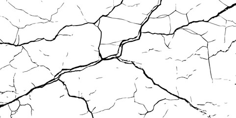 The cracks texture and grunge background of The ground cracks on white  background,  fissure. Dirty monochrome pattern vector,  black and white scratched texture, Vector. Illustration.