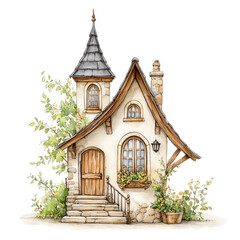 Charming little watercolor cottage stands led in greenery fantasy artwork.