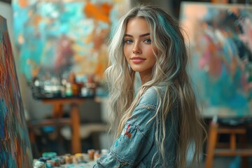 Creative artist working on a vibrant painting in a bright studio filled with art supplies and colorful canvases during daylight