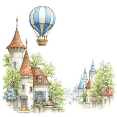 Charming watercolor painting shows castle and hot air balloon on white background.