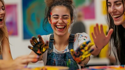 Young Women Laughing and Painting with Hands in Art Studio – Creative Group Activity with Colorful Paint and Joyful Expression