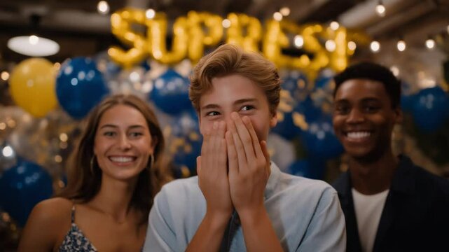 Joyful surprise party with friends celebrating in high spirits.
