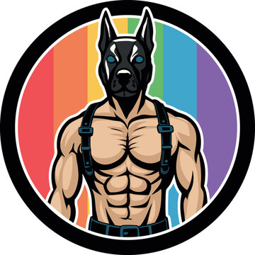 Furry gay round logo. Gay dog man in mask and leather harness with rainbow LGBTQ colors (circle vector drawing)