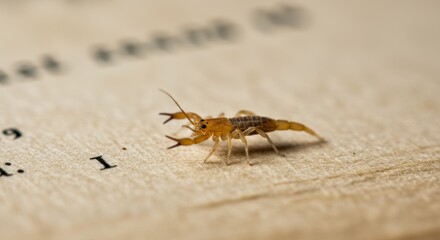 Macro photograph showcasing a tiny pseudoscorpion perched atop old parchment