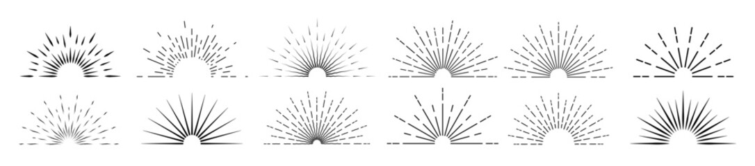 Vintage sunburst collection on a white background. The radial rays of the setting sun. A sunbeam with lines. Retro logo in the form of a semicircle with radial rays. Vector EPS 10.