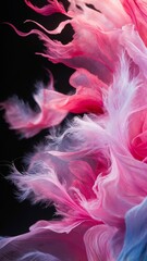 abstract feather like structures in shades of pink and purple against a dark background
