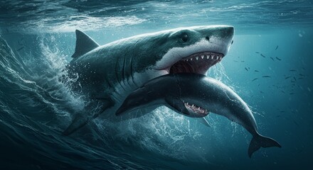 Obraz premium Dramatic underwater scene of a great white shark preying on a dolphin