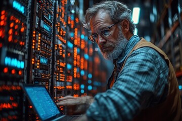 Older man working intently on a laptop in a dimly lit server room filled with glowing technology at dusk
