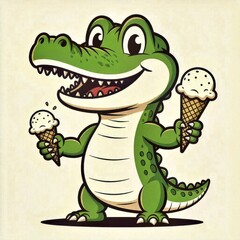 Fototapeta premium Cartoon Alligator Enjoying an Ice Cream Cone on a Sunny Day