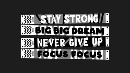 Motivational wristband set with empowering words like “focus,” “stay strong,” “keep going,” and “dream big.” Cartoon-style  for daily inspiration, school, fitness, and personal growth vibes.