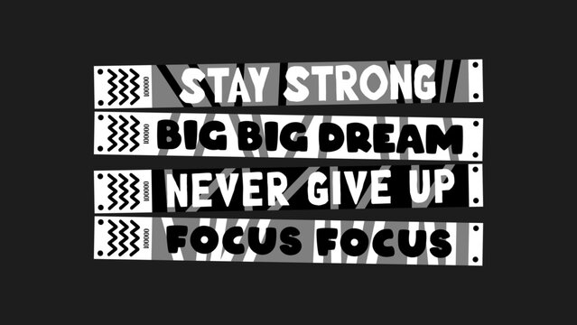 Motivational wristband set with empowering words like “focus,” “stay strong,” “keep going,” and “dream big.” Cartoon-style  for daily inspiration, school, fitness, and personal growth vibes.