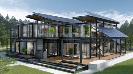 Obraz premium Modern modular home design with solar panels