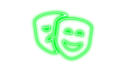 Neon comedy and tragedy masks symbolizing theater and drama, Neon masks theater icon glow with transparent background