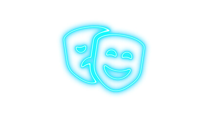 Neon comedy and tragedy masks symbolizing theater and drama, Neon masks theater icon glow with transparent background