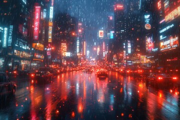Vibrant cityscape illuminated by neon lights during a rainy night in a bustling urban center