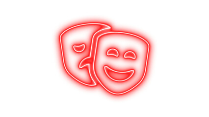 Neon comedy and tragedy masks symbolizing theater and drama, Neon masks theater icon glow with transparent background