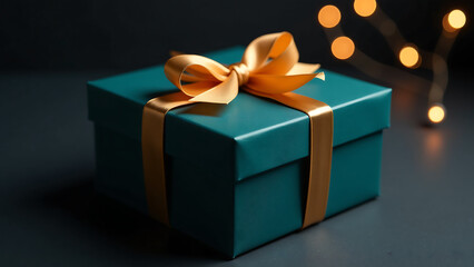 tightly framed sleek dark teal gift box adorned intricately tied golden ribbon soft matte black
