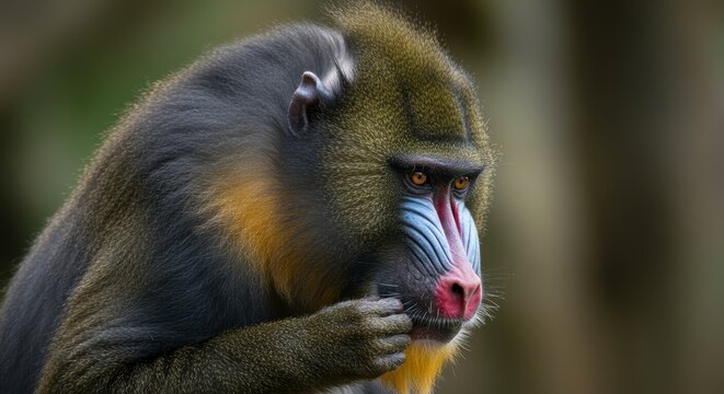 Vibrant Portrait of a Mandrill in Contemplation and Grooming Behavior
