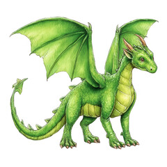 Fototapeta premium A hand drawn green dragon stands majestically with wings spread ready to fly.