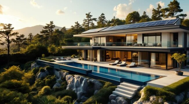 Luxurious modern mansion with infinity pool and solar panels surrounded by nature