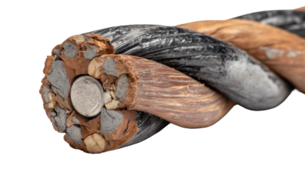 Durable electric power cable with reinforced insulation isolated on transparent background