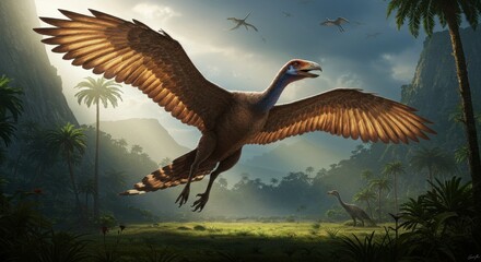 Majestic archaeopteryx soars over lush jurassic landscape, a symbol of evolution and prehistoric wonder