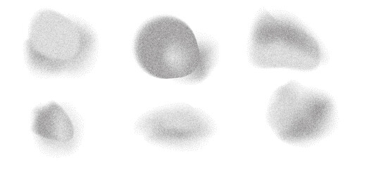 Dotwork abstract gritty spots set. Irregular stippling grunge textured figures isolated on transparent background. Charcoal liquid uneven organic and geometric brutalist forms. Vector illustration.