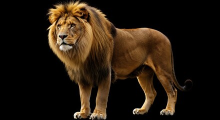 Obraz premium Captured in a studio-like setting, a majestic lion's profile is highlighted, its dark mane contrasting with its brown fur.