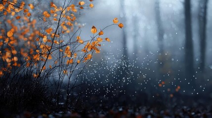 Landscape photograph of a foggy forest. the trees in the background are tall and thin, and the ground is covered in fallen leaves.