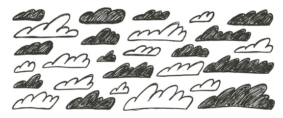 Crayon charcoal line clouds set. Naive hand drawn sky. Kids chalk textured elements. Pastel scribble cloudy weather speech bubbles. Vector wax pencil drawn illustration on white background.
