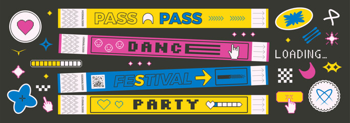 Groovy stickers shapes and hand bracelet tickets set. Music festival, party, concert wristbands, patches in retro rave style. Paper y2k show stamps and pixel art labels. Vector promo tags and badges.