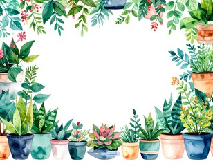 Minimalist Houseplants in Watercolor Pots with copy space in the middle – Top trend in home goods & prints