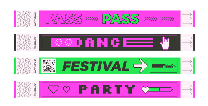 Retro punk rock event bracelet ticket set. Music festival, party, concert wristbands in retro rave style. Hand nightclub pass. Paper wrist band templates for y2k events. Vector security id on show.