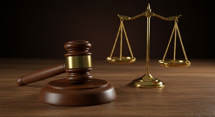 Wooden gavel and golden scales symbolize justice