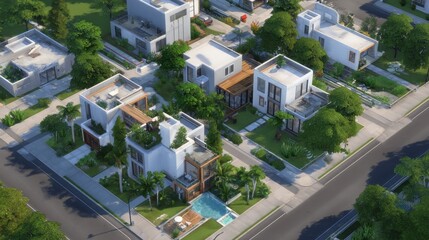 Modern residential neighborhood overhead view