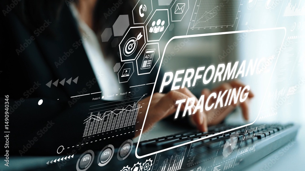 Poster concept of performance tracking with digital graphs, analytics, and business data in modern workspac