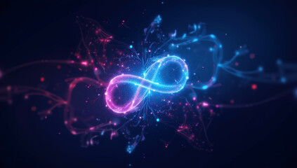 Obraz premium Glowing Infinity Symbol with Radiating Blue and Pink Light on a Dark Background