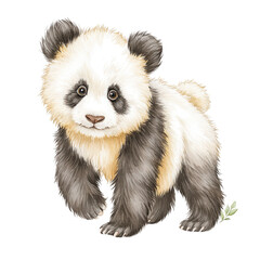 Fototapeta premium A cute baby panda with fluffy fur is walking gently on a white background.