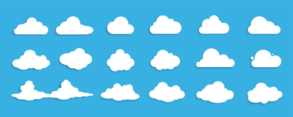 A set of icons of white fluffy clouds with a shadow on a blue background. Design elements for weather forecasting, book illustrations. Vector EPS 10.