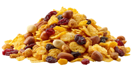Delicious cereal pile with mixed textures of corn flakes, dried fruits, and nuts isolated on transparent background (3)