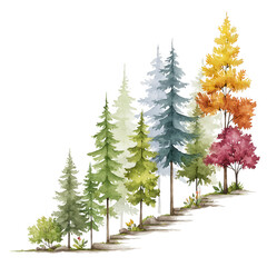 Fototapeta premium Watercolor illustration displays seasonal trees in a colorful nature scene.
