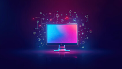 Futuristic Digital Technology Display with Glowing Screen and Abstract Neon Interface