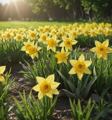 Obraz premium Close-up of cheerful daffodils basking in sunlight, green field background , petals, floral design, floral