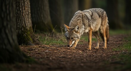 Fototapeta premium Coyote Seeking Prey in the Forest, Natural Habitat and Wildlife Observation