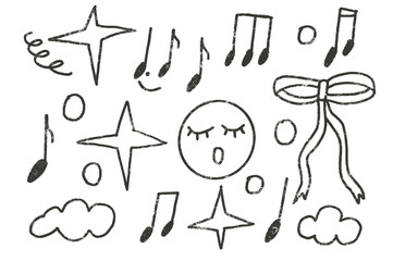 Doodle music note hand drawn set. Punk charcoal sing doodle background. Scribble grunge bow and stars shapes. line sketch graffiti art. Vector sketchy illustration by pencil isolated.