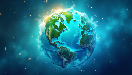 Radiant Blue and Green Earth Planet Globe with a Cosmic Glow and Space-Themed Background