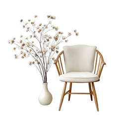 Fototapeta premium An elegant wooden chair sits near a vase of dried flowers on white background.
